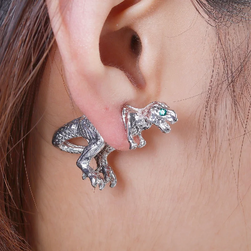 ladies round earrings-SEXY SPARKLES Sexy Sparkles Dinosaur 3D Double Sided Ear Stud Earrings for Women Silver Tone with Green Rhinestones