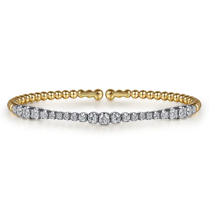 ladies handcrafted bracelets-14K White Yellow Gold Bujukan Beads and Graduating Diamond Split Bangle Bracelet