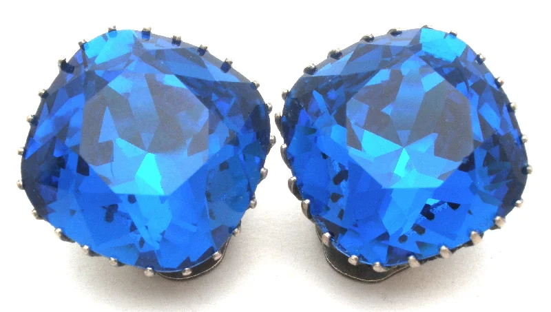 ladies large earrings-Sapphire Blue Crystal Clip Earrings Vintage