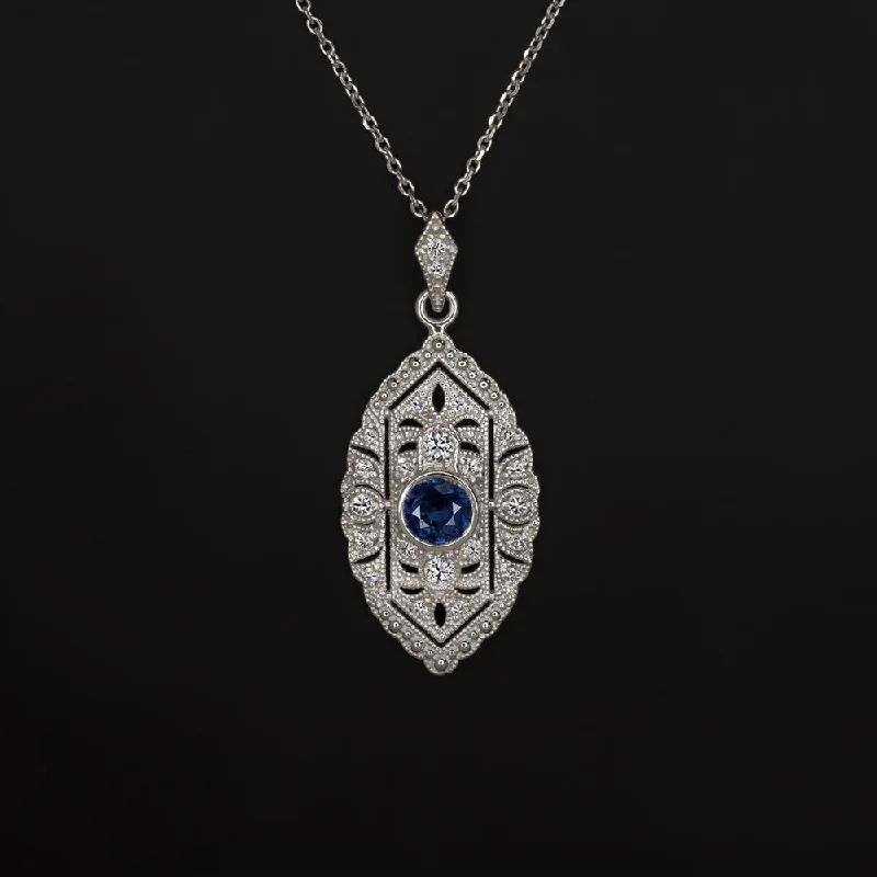 ladies layered gold necklaces-SAPPHIRE DIAMOND VINTAGE STYLE PENDANT ART DECO NECKLACE DROP DANGLE BEZEL BLUE