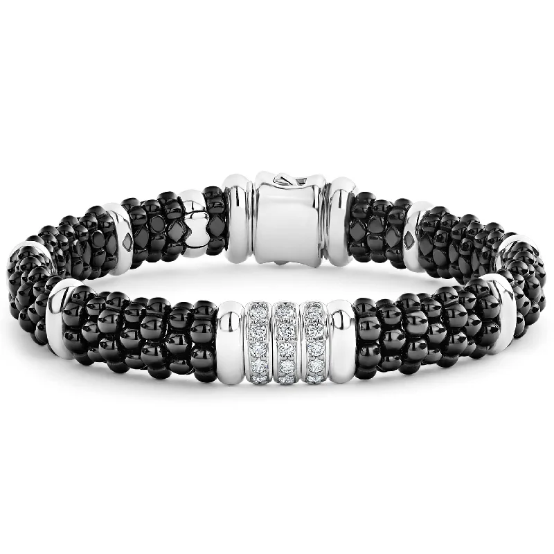 ladies cuff bracelet sets-Black Caviar Three Station Ceramic Diamond Bracelet | 9mm