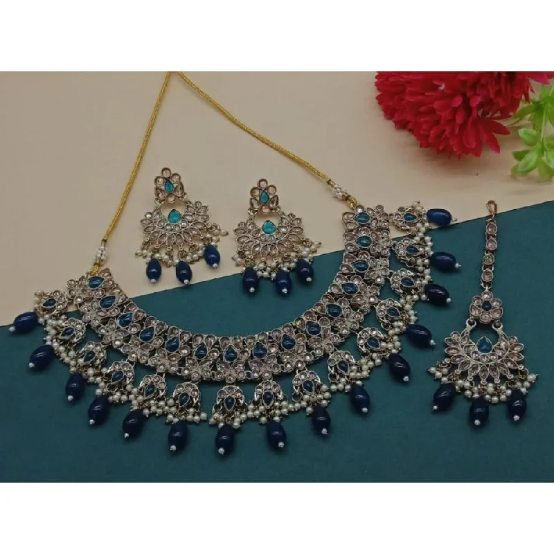 ladies luxury fashion necklaces-Akruti Collection Gold Plated Crystal Stone And Beads Necklace Set