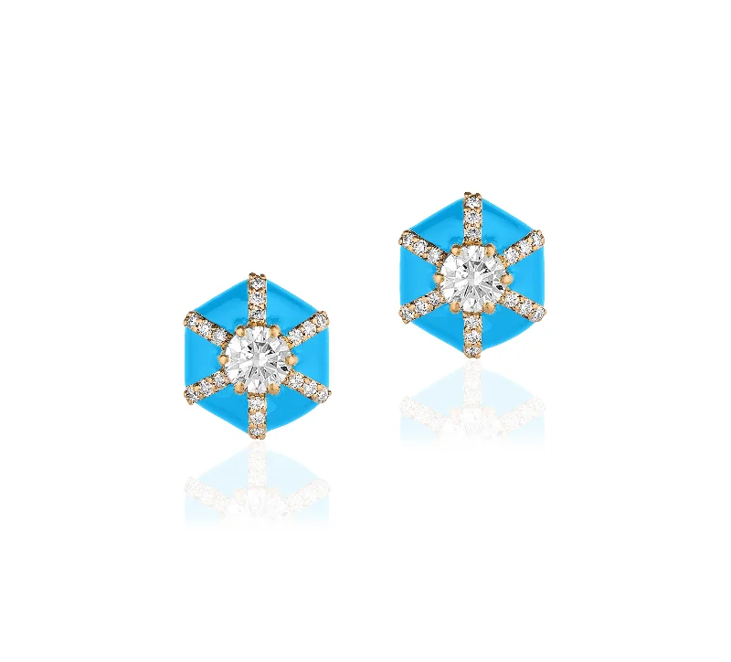 ladies gemstone earrings-Hexagon Diamond Turquoise Enamel Stud Earrings