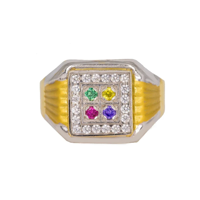 ladies adjustable rings-22K Multi Tone Gold Men's Signet Ring W/ Ruby, Emerald, Sapphire & CZ Gems