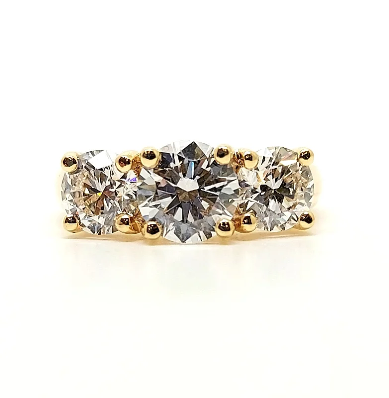 ladies thin rings-Modern Trellis Three Stone Diamond Ring in 18k Yellow Gold