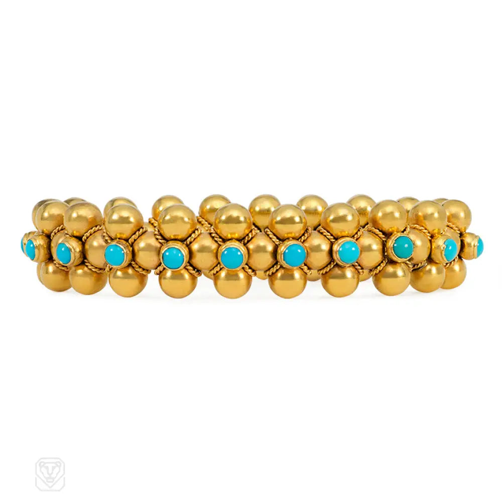 ladies statement bangles-Antique French gold and turquoise quatrefoil bracelet