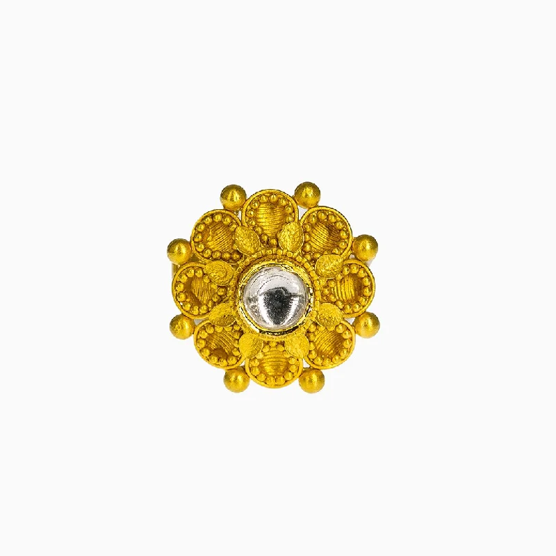 ladies big rings-22K Yellow Gold Adjustable Ring W/ Kundan & Clustered Flower Accent