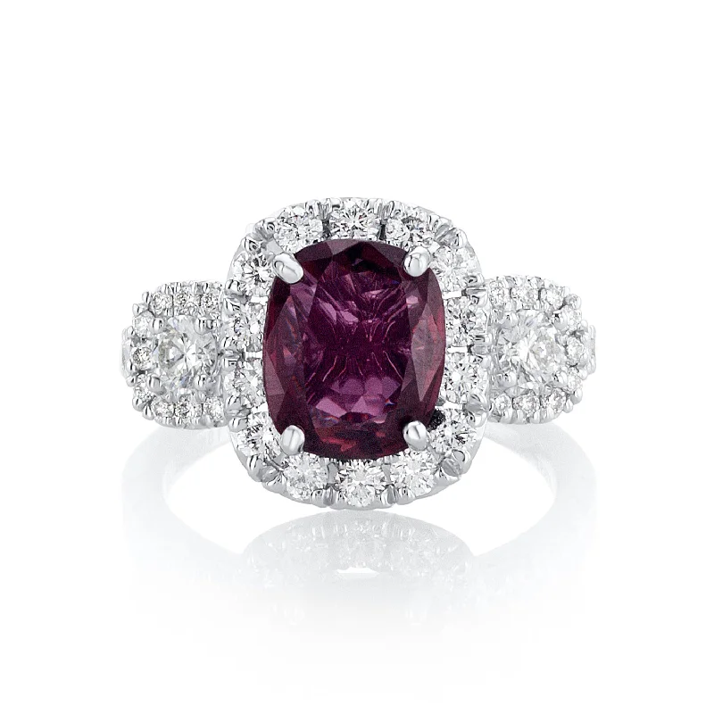 ladies flower rings-Ruby and Diamond Three-Stone Halo Ring set in 18K White Gold