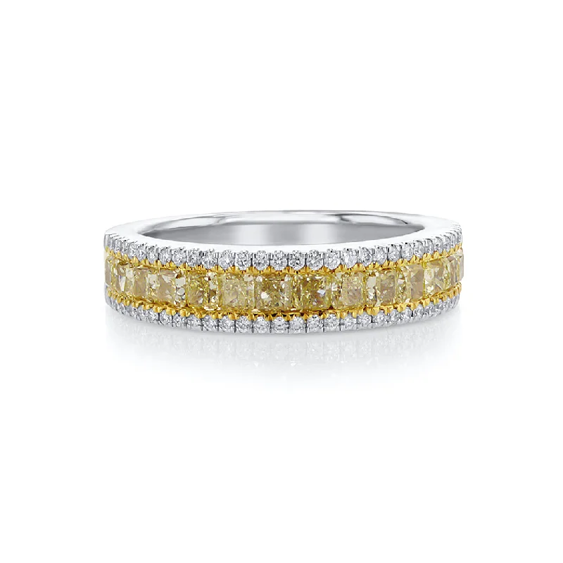 ladies contemporary rings-1.25 CT Princess Fancy Yellow Diamond and 0.22 CT Round Diamond 18K Two Tone Band