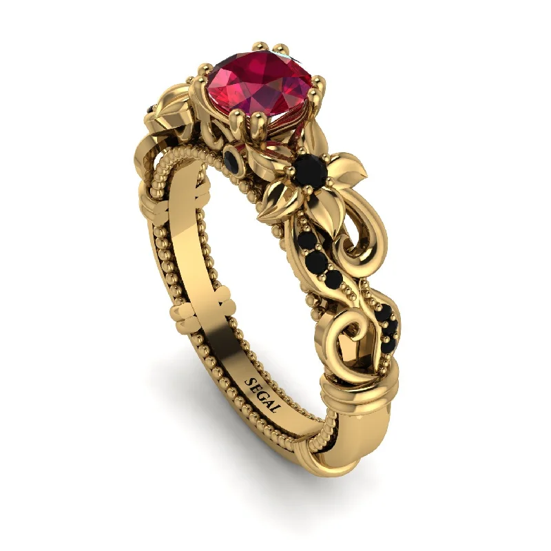 personalized engraved ladies engagement rings-Vintage Flower Openwork Gold Ruby Engagement Ring - Ann No. 40