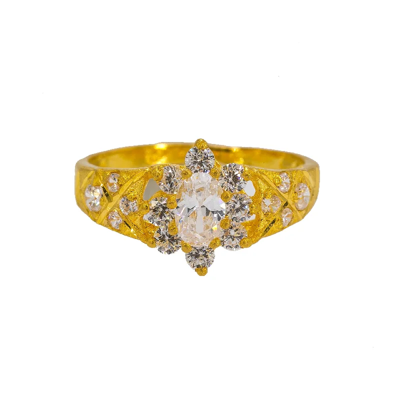 ladies simple design rings-22K Yellow Gold Women's CZ Ring W/ Oval CZ Gem & Engraved Encrusted Shank