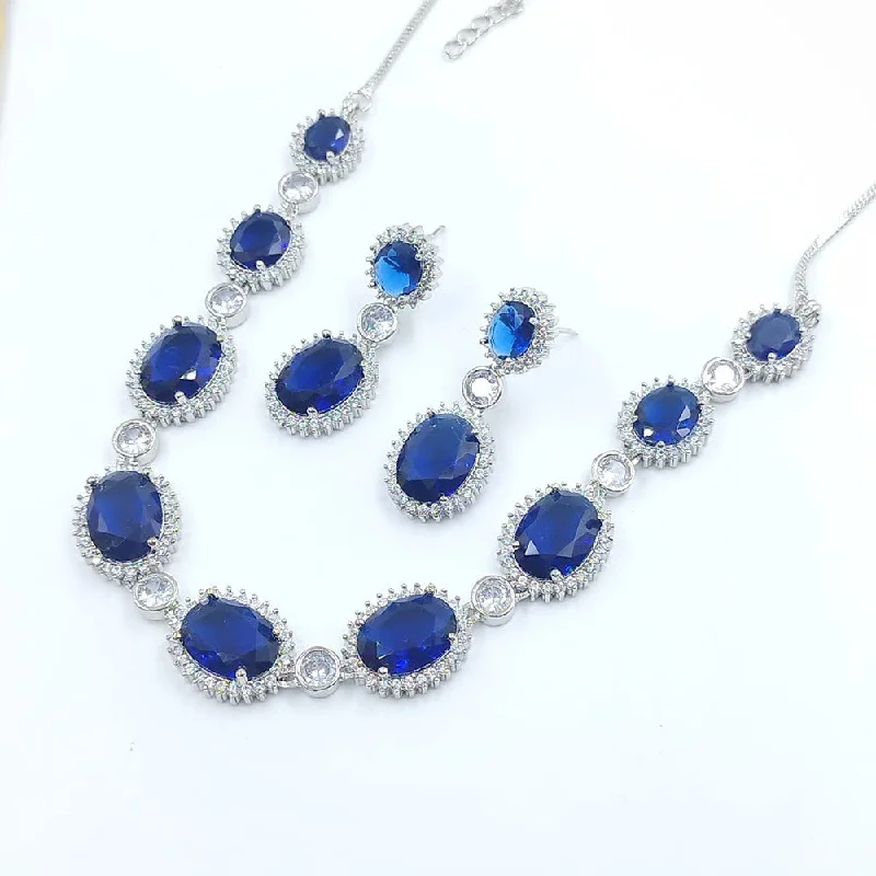 ladies statement necklaces-Akruti Collection Silver Plated AD Necklace Set