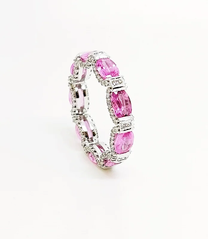 ladies simple design rings-Pink sapphire and diamond hidden halo eternity band