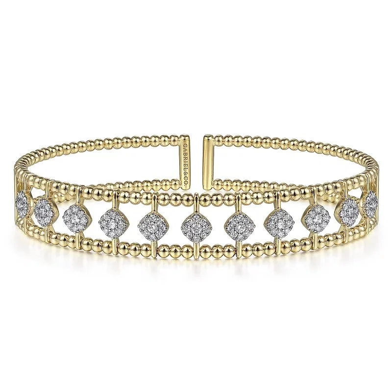 ladies pearl bangles-14K Yellow Gold Bujukan Bead Cuff Bracelet with Pave Diamond Connectors