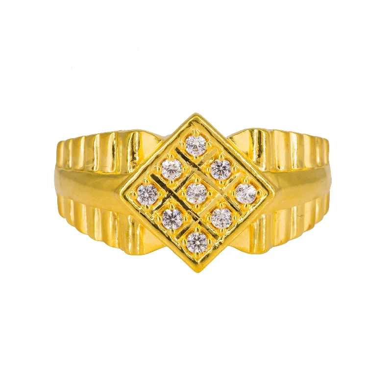 ladies statement rings-22K Yellow Gold Men's Ring W/ CZ Gems & Belted Ribbed Shank