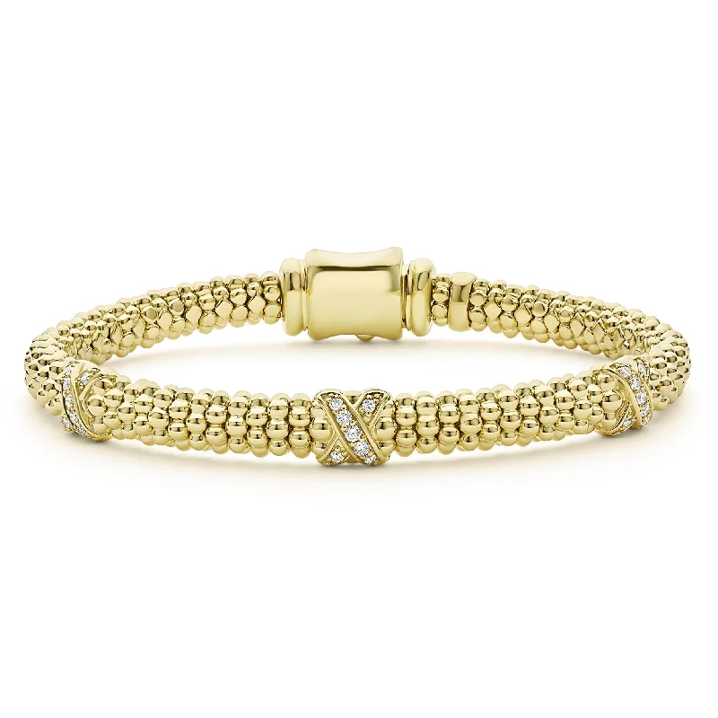 ladies vintage gold bangles-Embrace 18K Gold Three Station X Diamond Caviar Bracelet | 6mm