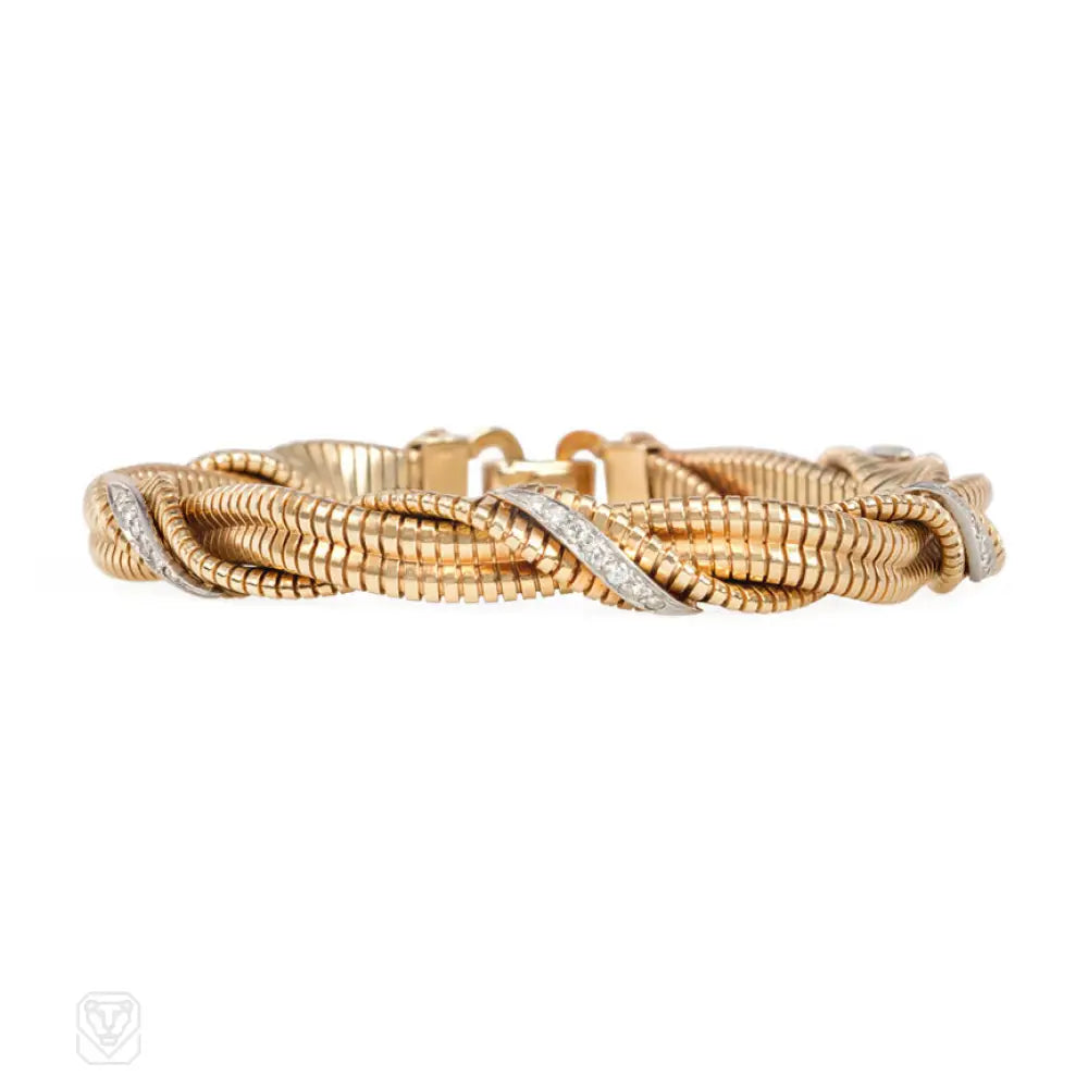 ladies leather bracelets-Retro gold and diamond gaspipe bracelet, Tiffany