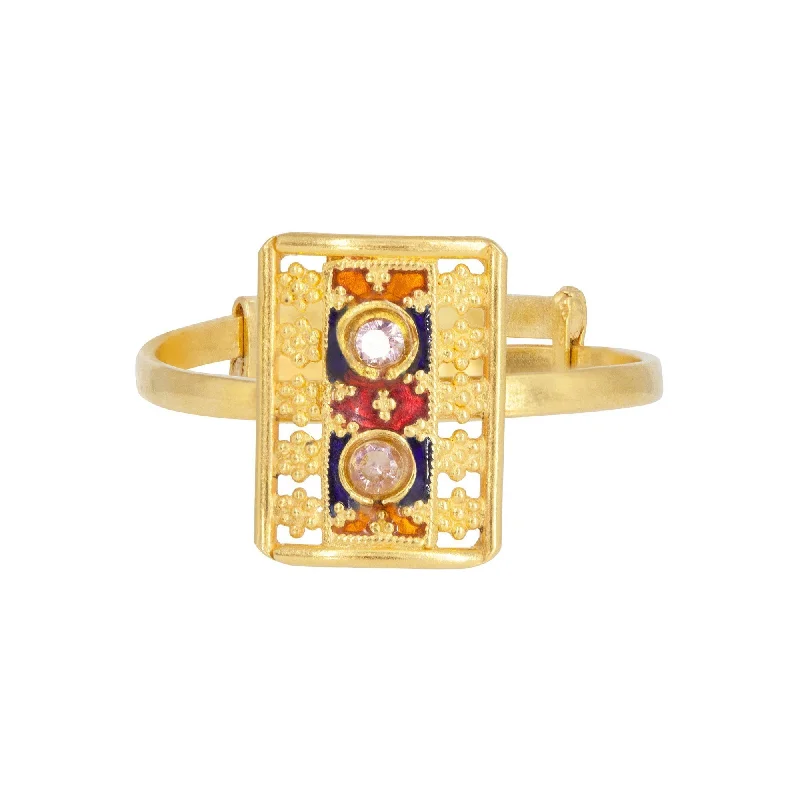 ladies vintage diamond rings-22K Yellow Gold Ring W/ Double Cubic Zirconia & Enamel in Flower Pattern