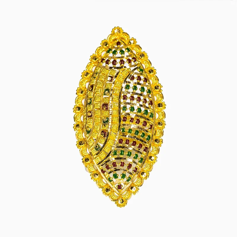 ladies oval rings-22K Yellow Gold Adjustable Shield Ring W/ Red & Green Meenakari Hand Paint