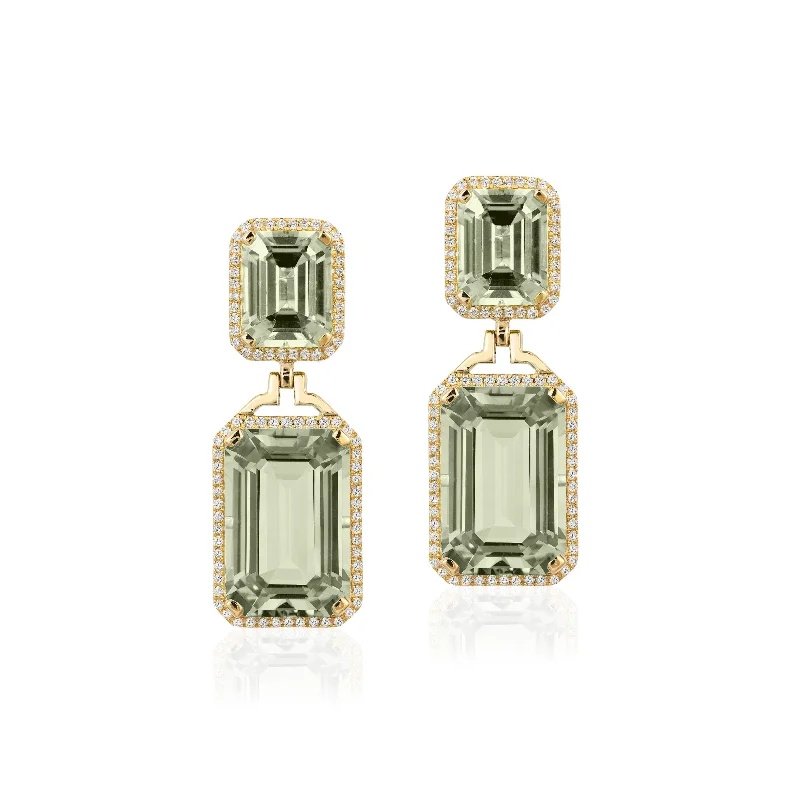 ladies teardrop earrings-Prasiolite Emerald-Cut Earrings with Diamonds