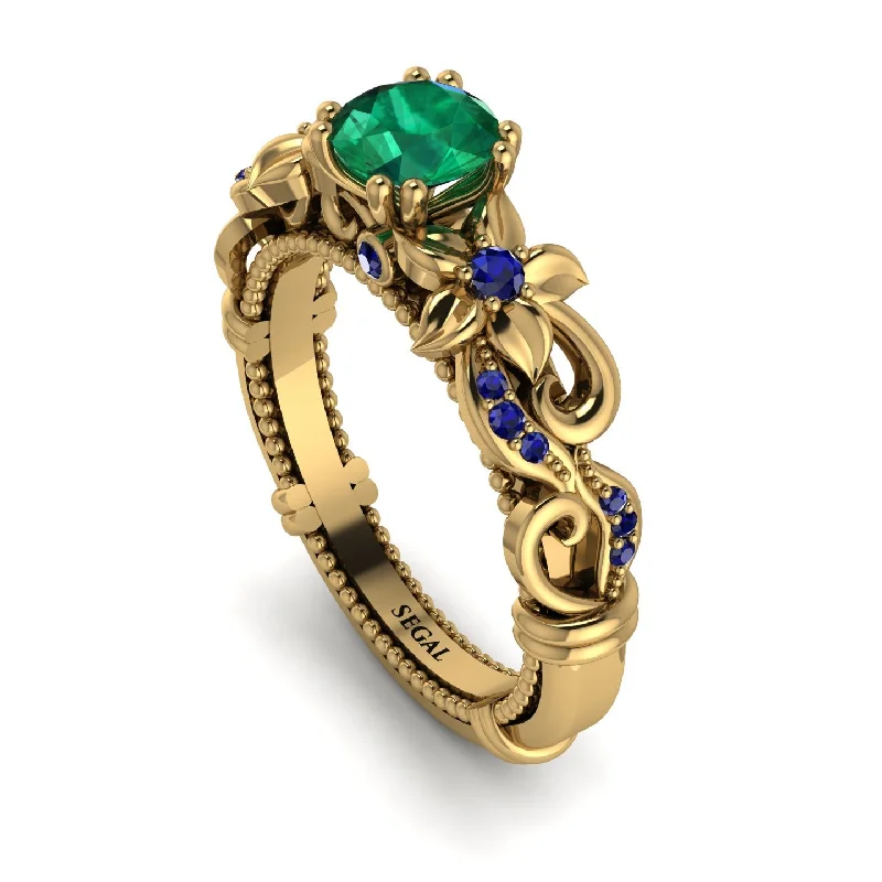 engagement rings for ladies with emerald-Vintage Flower Openwork Gold Emerald Engagement Ring - Ann No. 64