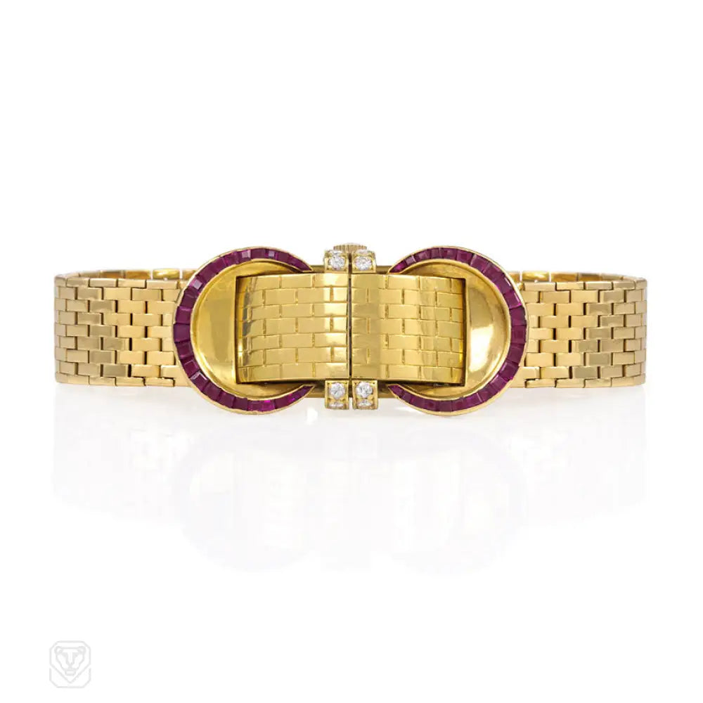 ladies traditional bracelets-Retro gold, ruby and diamond bracelet watch, John Rubel