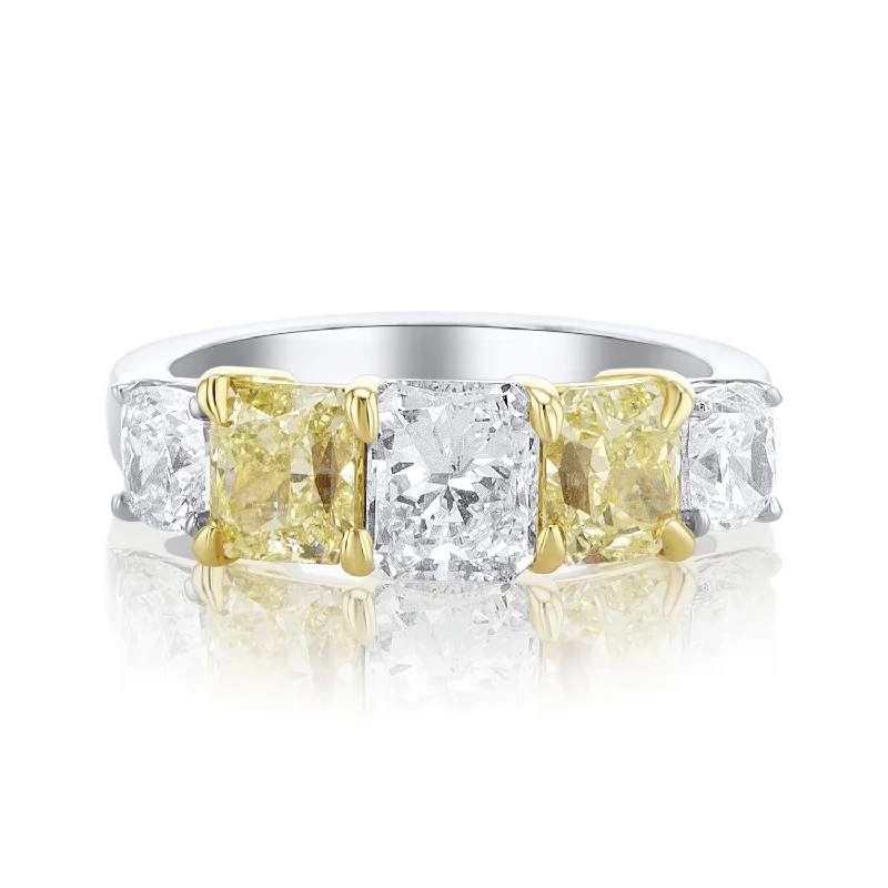 ladies delicate rings-3.25 Carat Light Yellow and White Natural Radiant & Cushion Cut Diamond 5 Stone Band in 14K White & Yellow Gold