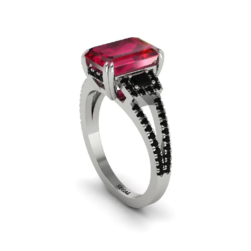 custom ladies engagement rings-Split Shank Emerald Cut Ruby Designer Engagement Ring - Ursula No. 42