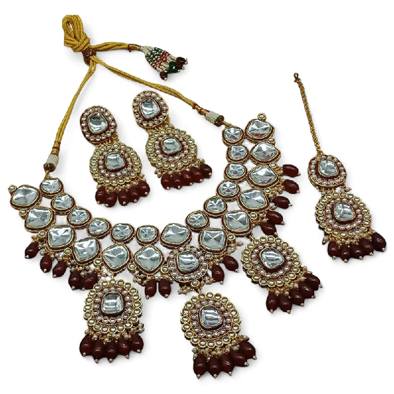 ladies nature-themed necklaces-Gehana Mahal Gold Plated Kundan Crystal Stone And Beads Necklace Set