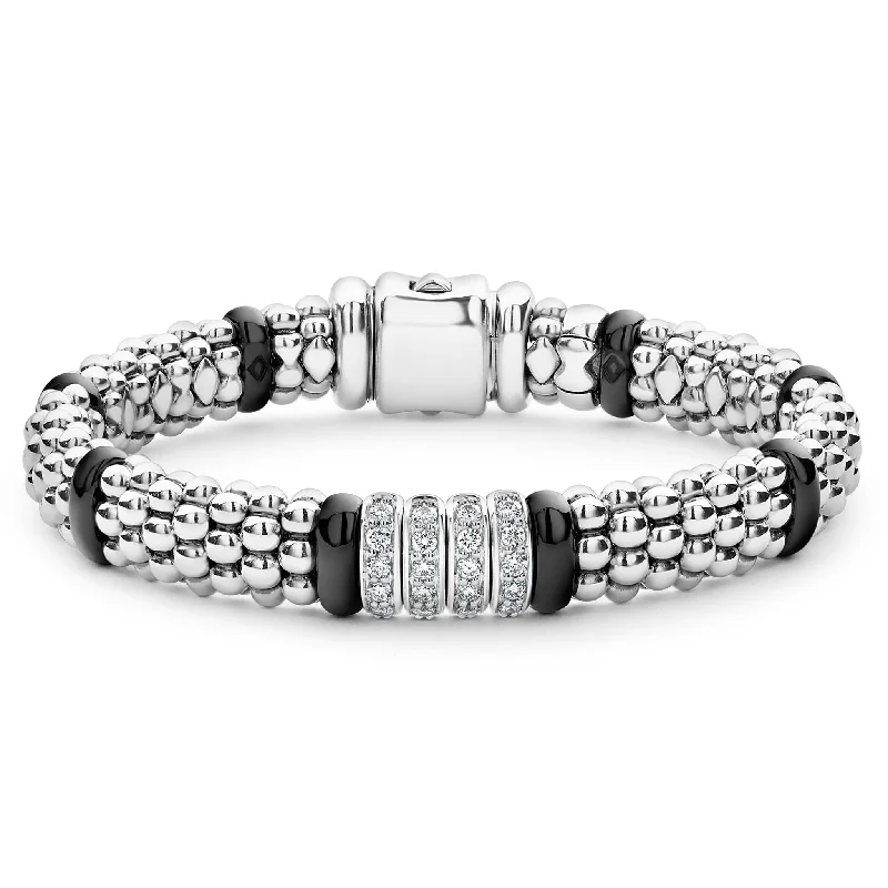 ladies silver bangle sets-Black Caviar Four Station Diamond Caviar Bracelet | 9mm