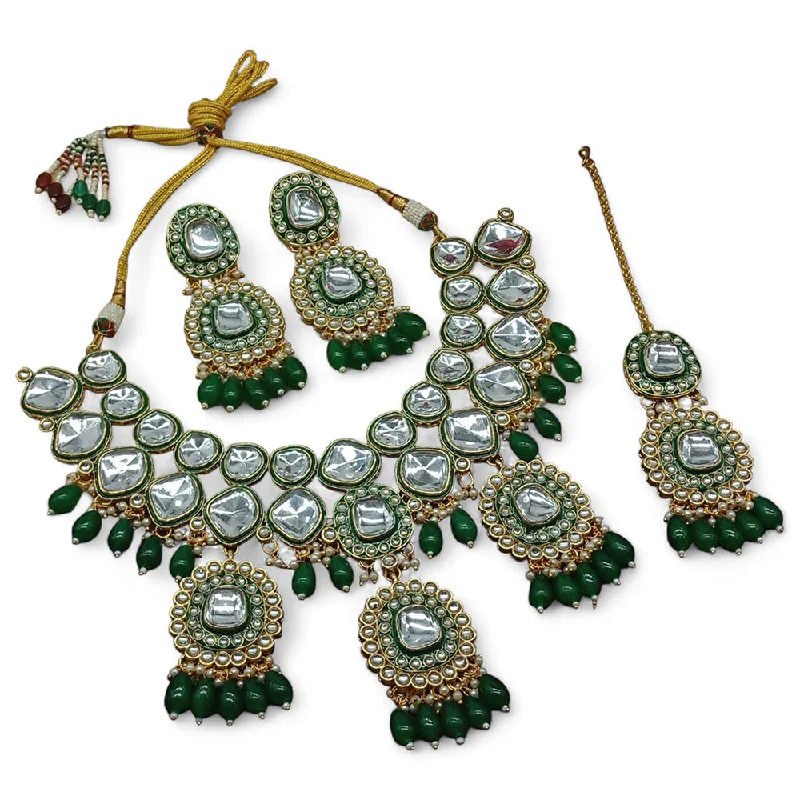 ladies vintage-inspired necklaces-Gehana Mahal Gold Plated Kundan Crystal Stone And Beads Necklace Set