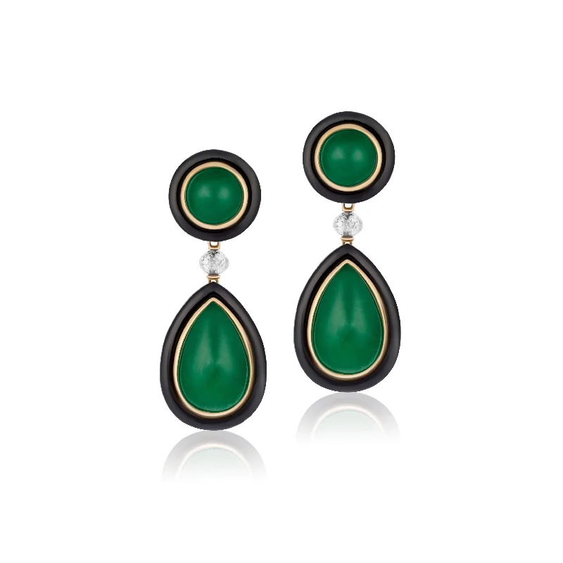 ladies gold earrings for women-Two-Stone Emerald Enamel Statement Drop Earrings