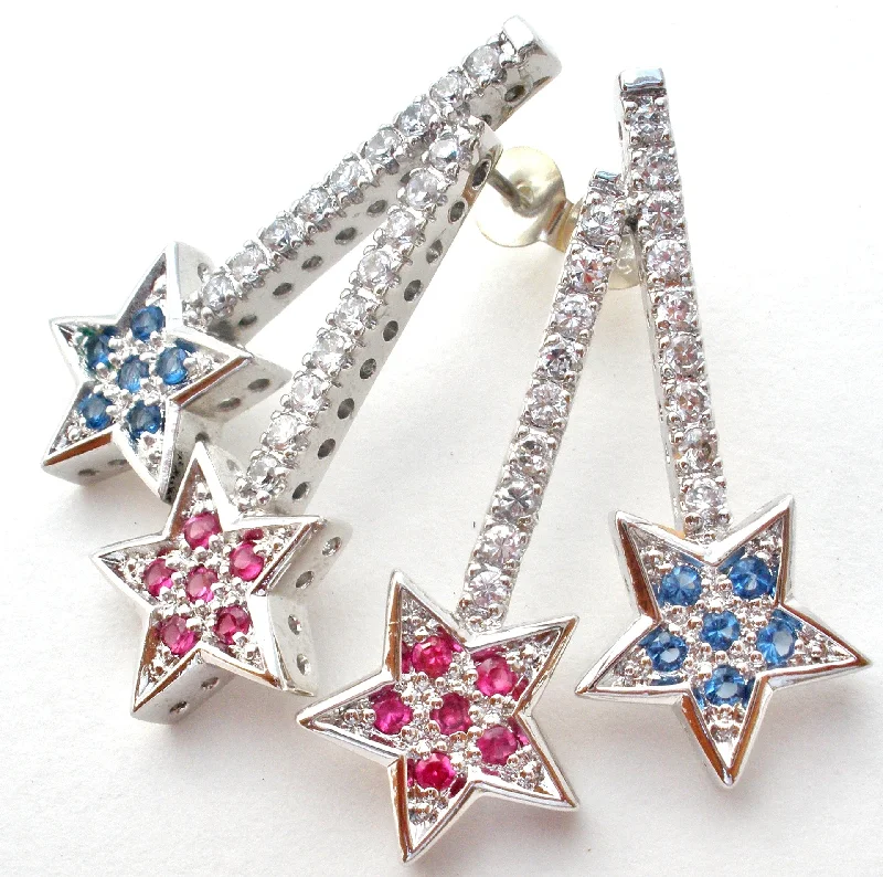 ladies flower earrings-Sterling Silver Star Earrings with Cubic Zirconias