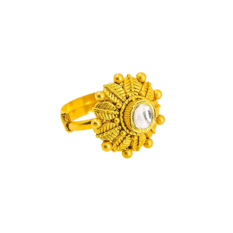 ladies cubic zirconia rings-22K Yellow Gold Antique Ring W/ Kundan, Engraved Leaf Accents & Extendable Band