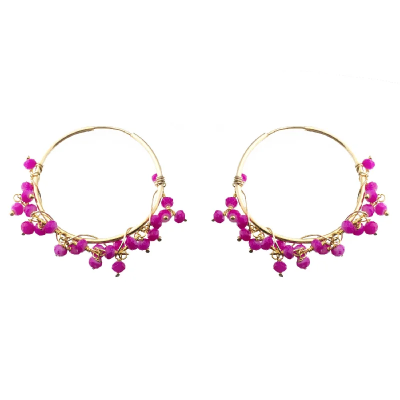 ladies bold earrings-Hot Pink Beaded Endless Hoop Earrings