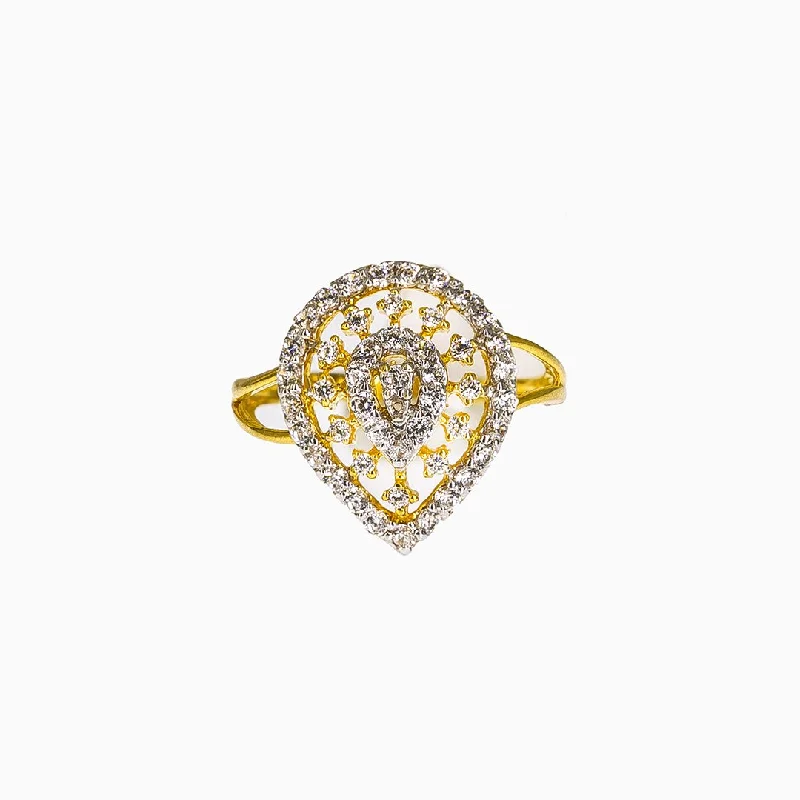 ladies layered rings-22K Yellow Gold Ring W/ CZ Gems & Open Teardrop Design