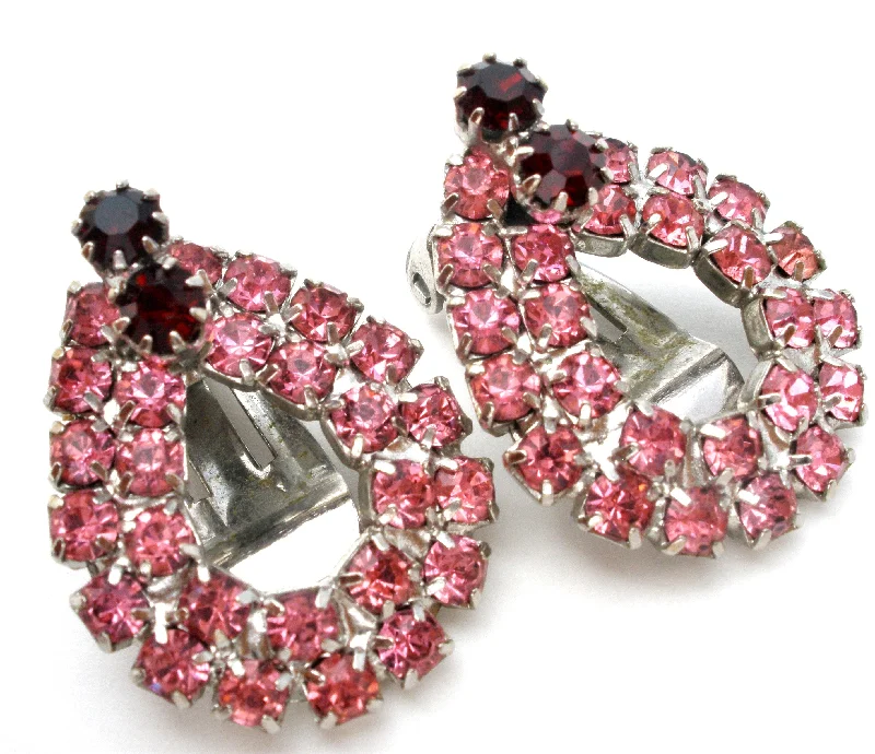 ladies luxury diamond earrings-Pink & Red Rhinestone Earrings Vintage