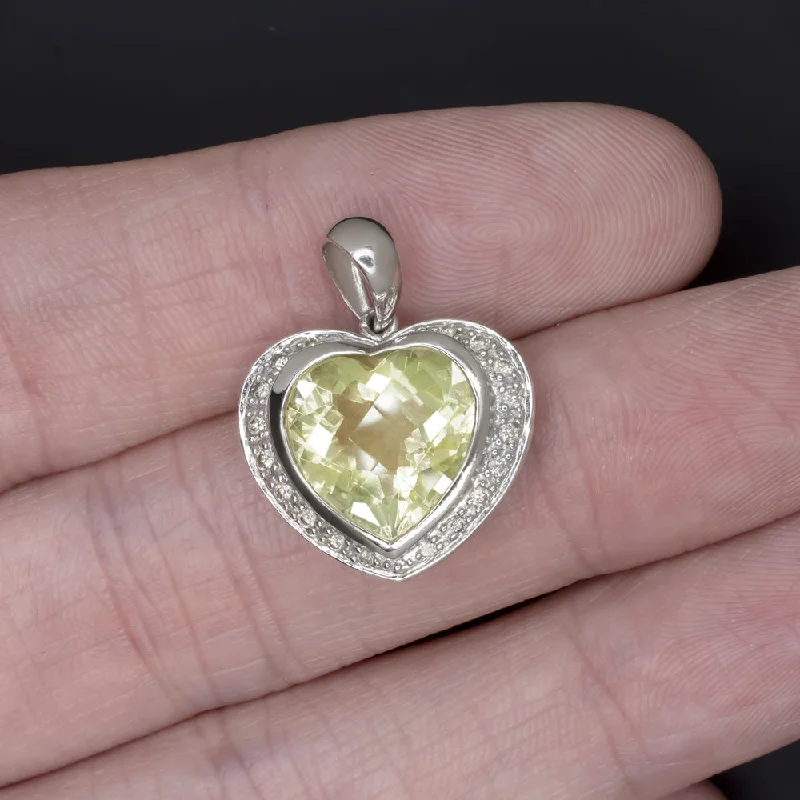 ladies heart pendant necklaces-HEART SHAPE LEMON QUARTZ DIAMOND PENDANT 14k WHITE GOLD NECKLACE YELLOW GREEN