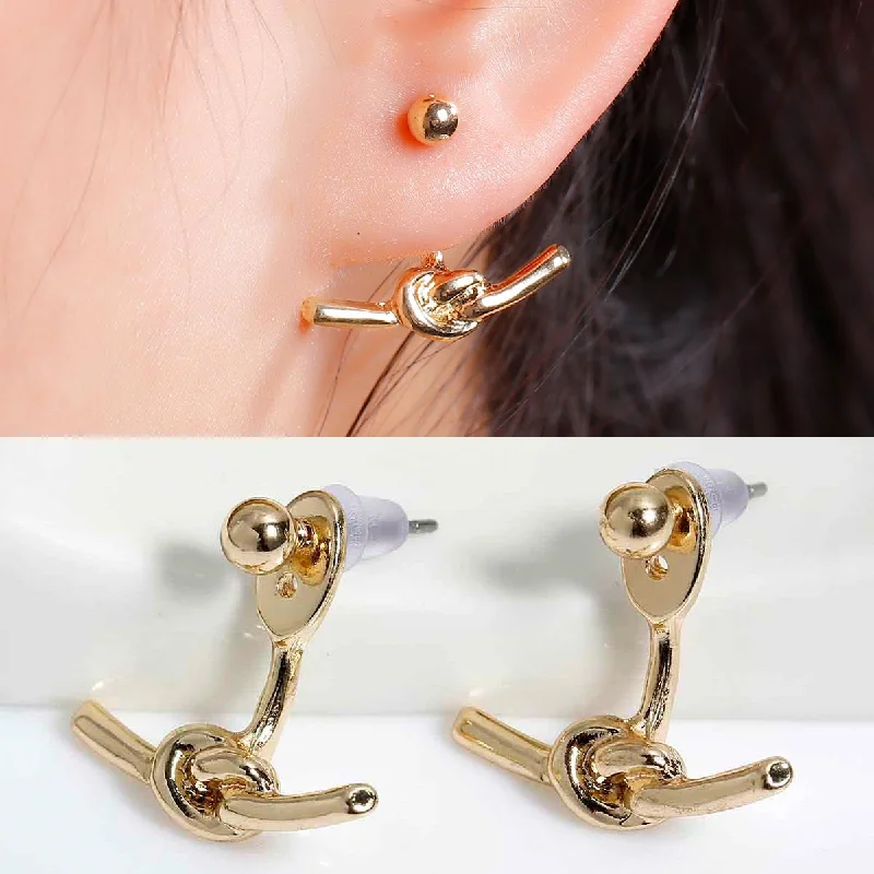 ladies bridal earrings-Sexy Sparkles Ear Jacket Stud  Love Knot Gold Earrings Back Ear Cuffs Stud Earring