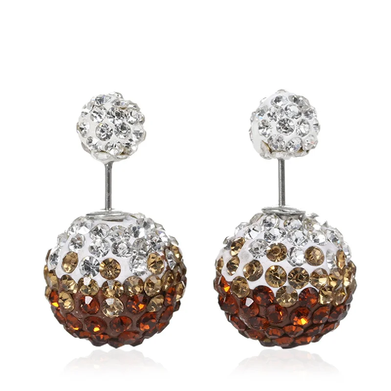 ladies bold earrings-Sexy Sparkles Clay Earrings Double Sided Ear Studs Round Pave White Coffee Rhinestone W/ Stoppers