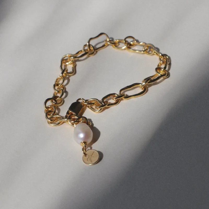 ladies gold bangle sets-'Frieda' Molten Cable Bracelet with Freshwater Pearl