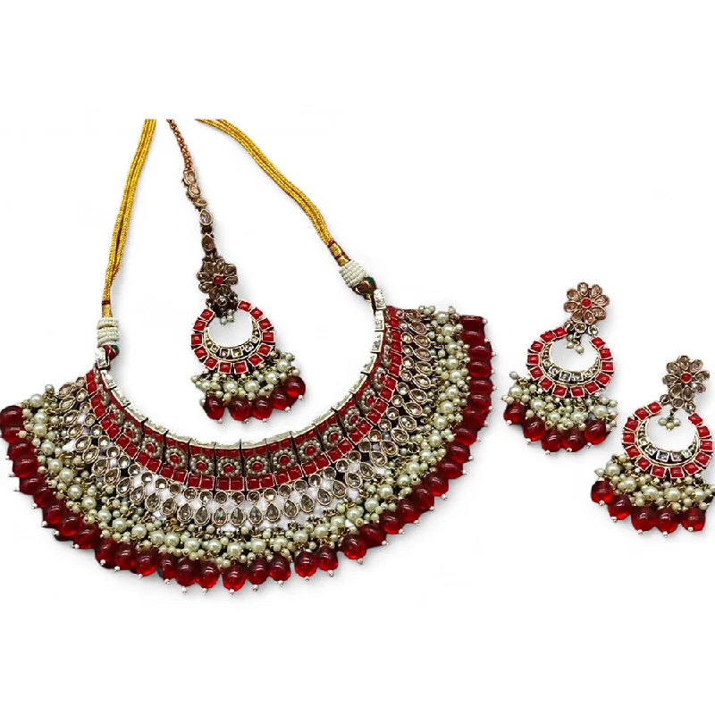 ladies statement pendant necklaces-Gehana Mahal Gold Plated Crystal Stone Pearl And Beads Necklace Set