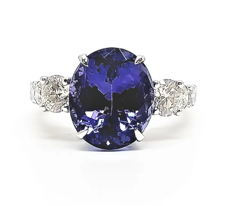 ladies adjustable rings-TANZANITE AND DIAMOND QUEEN RING IN 14K WHITE GOLD AD NO.2152