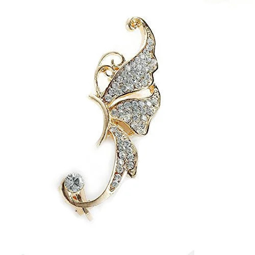 ladies dainty earrings-SEXY SPARKLES Ear Cuff Clip On Stud Wrap Earrings For Left Ear Butterfly Gold Plated Clear Rhinestone 2 1/8"