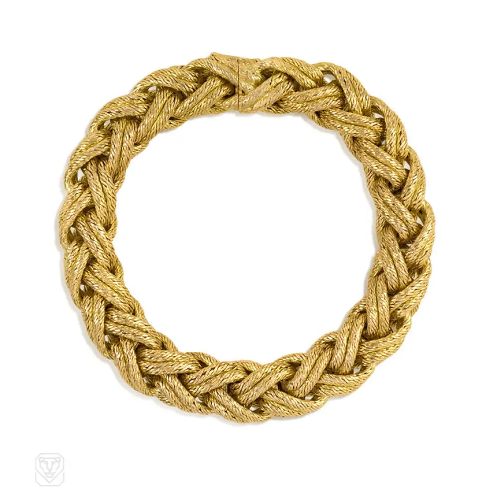 ladies minimalist bracelets-Textured woven gold bracelet, France