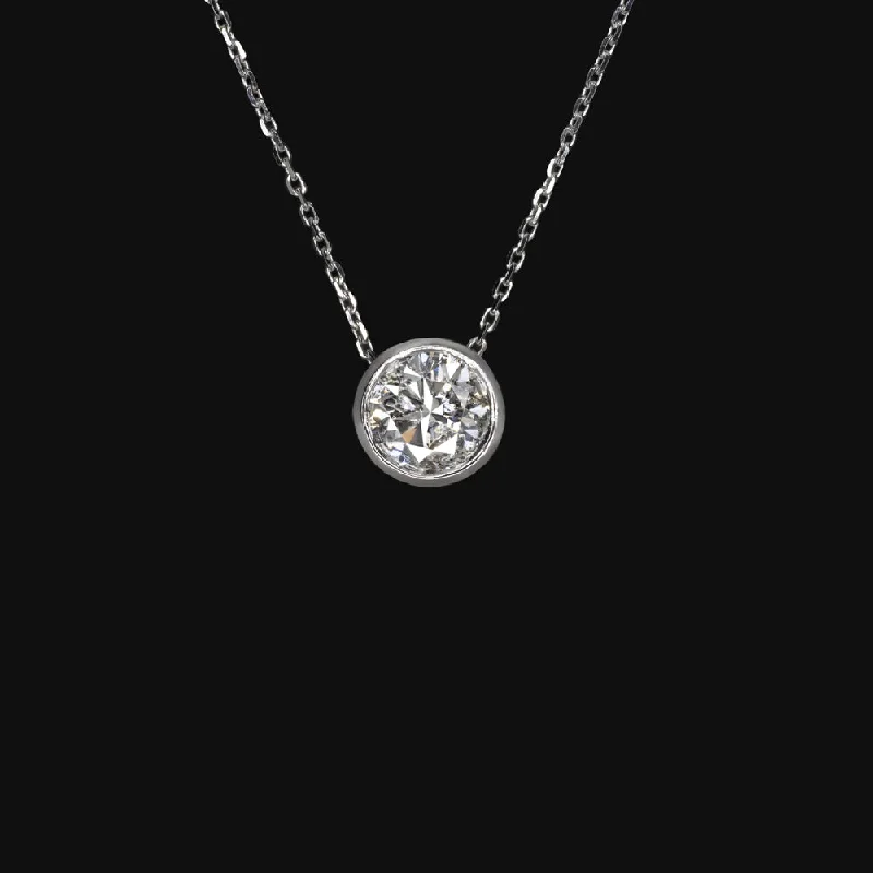 ladies contemporary necklaces-DIAMOND SOLITAIRE NECKLACE 1.25ct VERY GOOD CUT ROUND WHITE GOLD BEZEL PENDANT