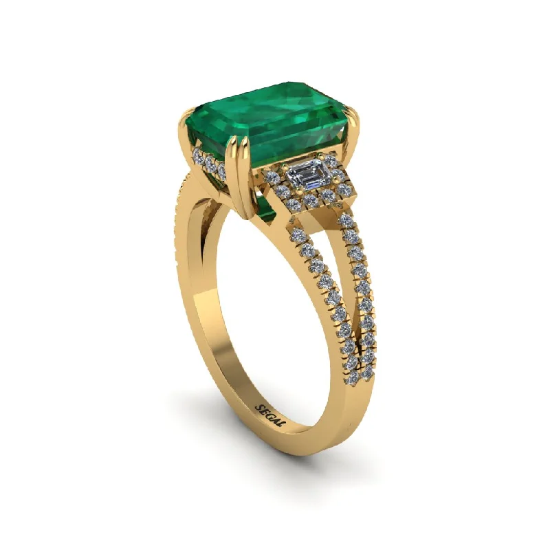 ladies engagement rings with white sapphires-Split Shank Emerald Cut Emerald Designer Engagement Ring - Ursula No. 4