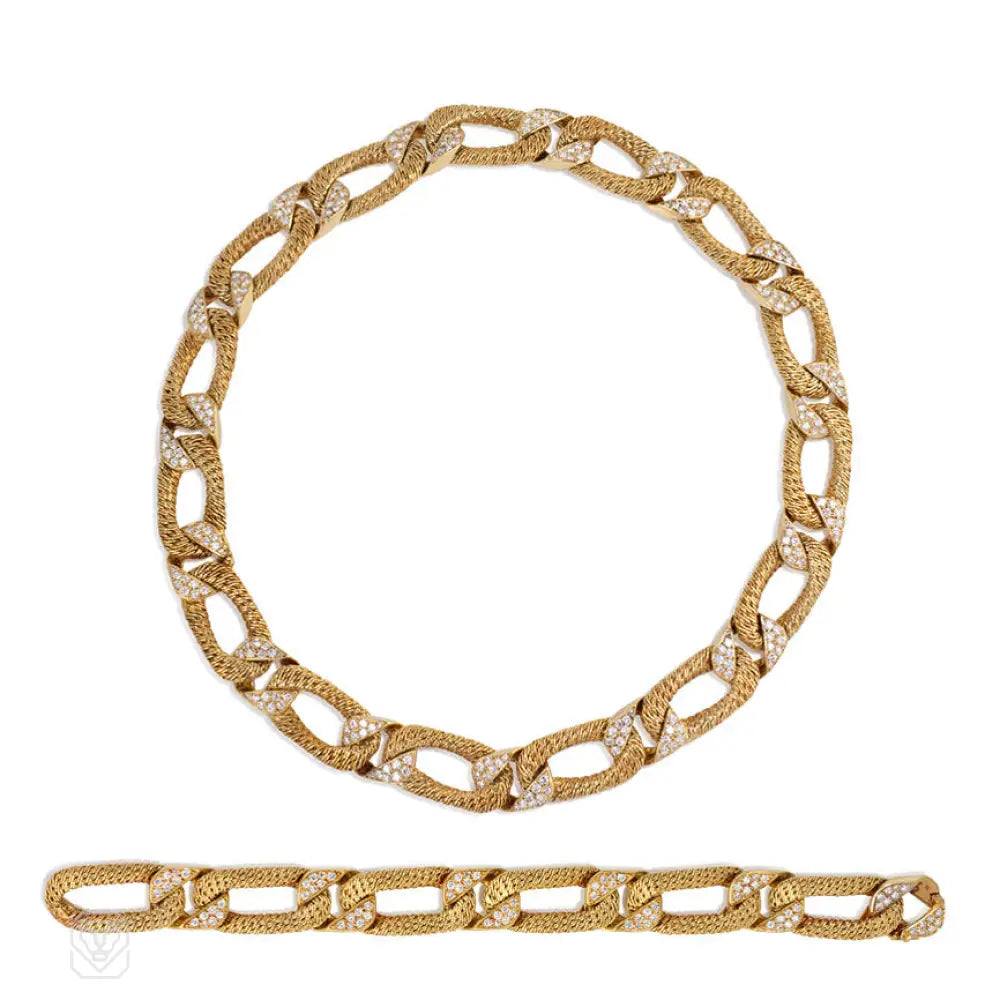 ladies gemstone bangles for women-Georges L’Enfant for Fred, Paris textured gold and diamond curblink necklace/bracelet, France