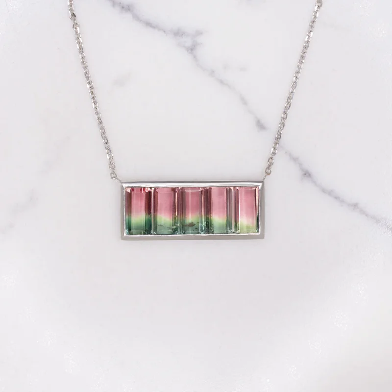 ladies vintage necklaces-NATURAL WATERMELON TOURMALINE BAR NECKLACE WHITE GOLD PENDANT EAST WEST MOUNTAIN