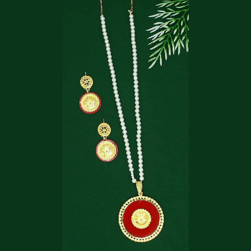 ladies statement pendant necklaces-Mahavir Dye Gold Plated Pearl Long Necklace Set